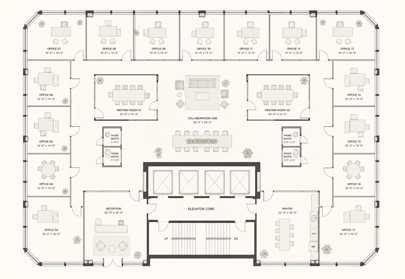 Hybrid Perimeter concept office floor plan for a full floor at 35 West 35th Street